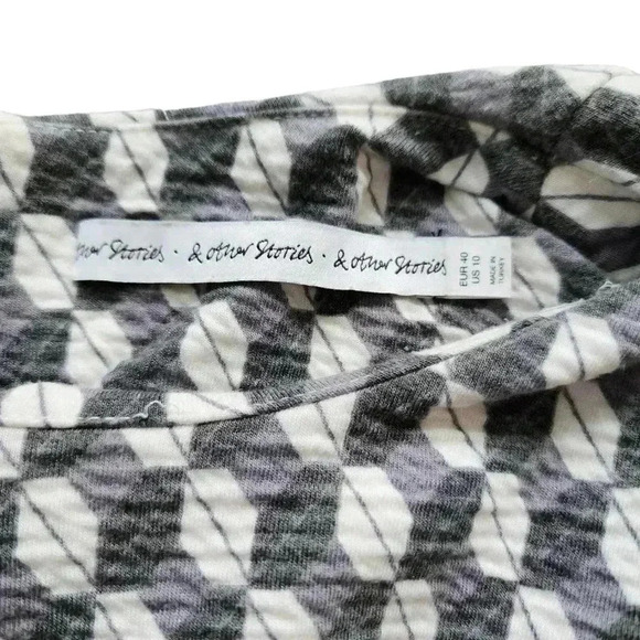 & Other Stories Dress Quilted Long Sleeves Grey White Jacquard Print Women's 10 - Picture 8 of 14